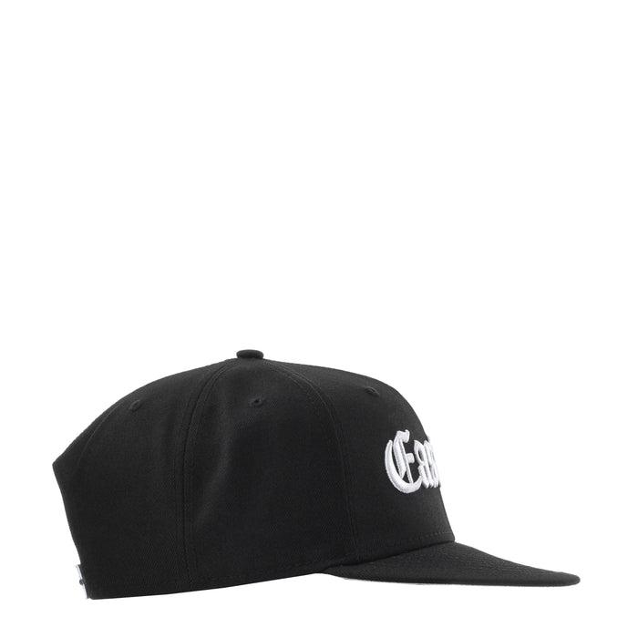 Black baseball cap with small white side logo; curved brim and snapback strap