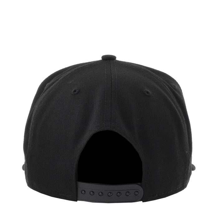 Black baseball cap with curved brim and open back view, snapback strap