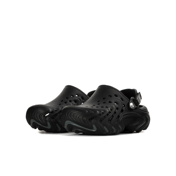 Black youth slip-on clogs with vented top and side strap, sculpted sole