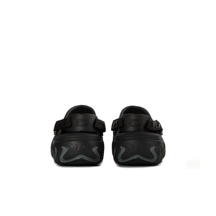 Black youth clogs, heel view with strap and contoured outsole tread