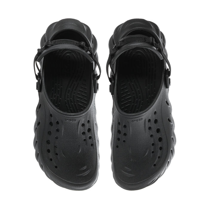 Men's black clogs with perforated toe area and adjustable back strap
