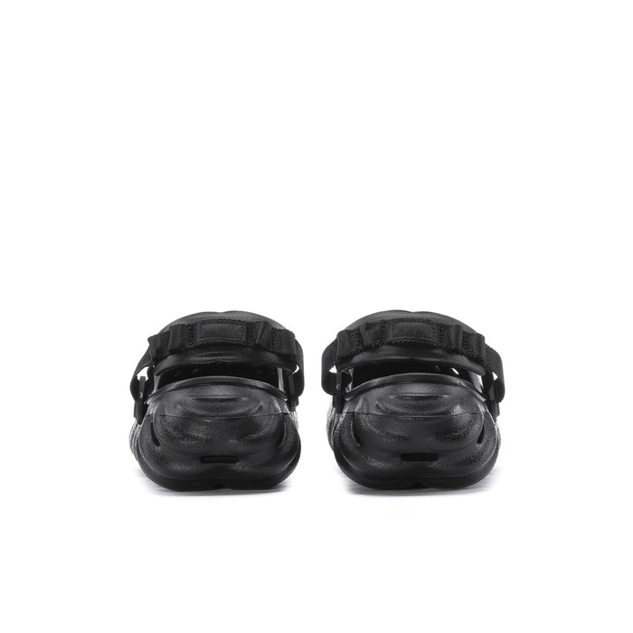 Men's black clog sandals with back strap and cushioned heel support