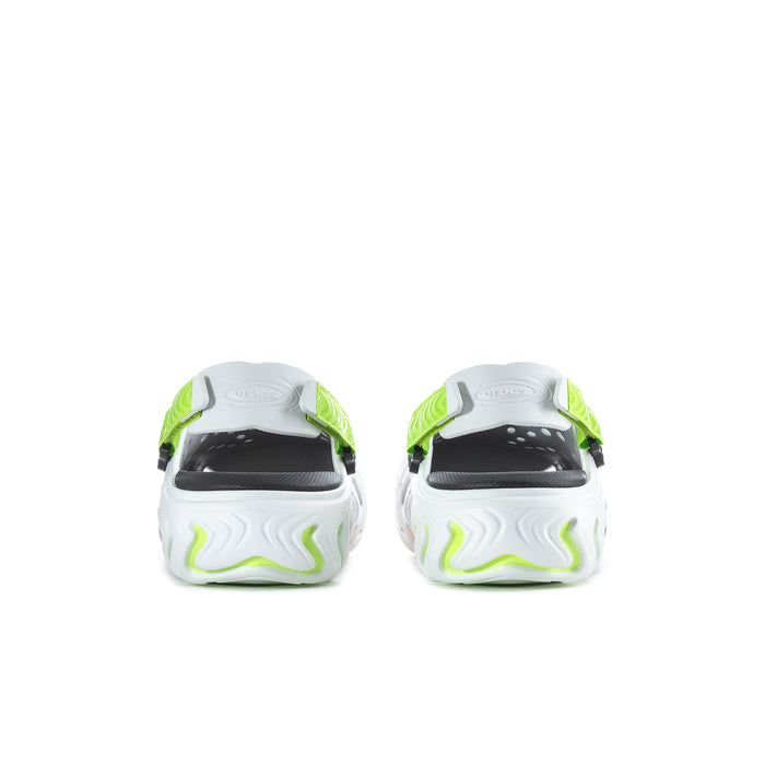 Men's white clogs viewed from back, green collar trim and cushioned heel