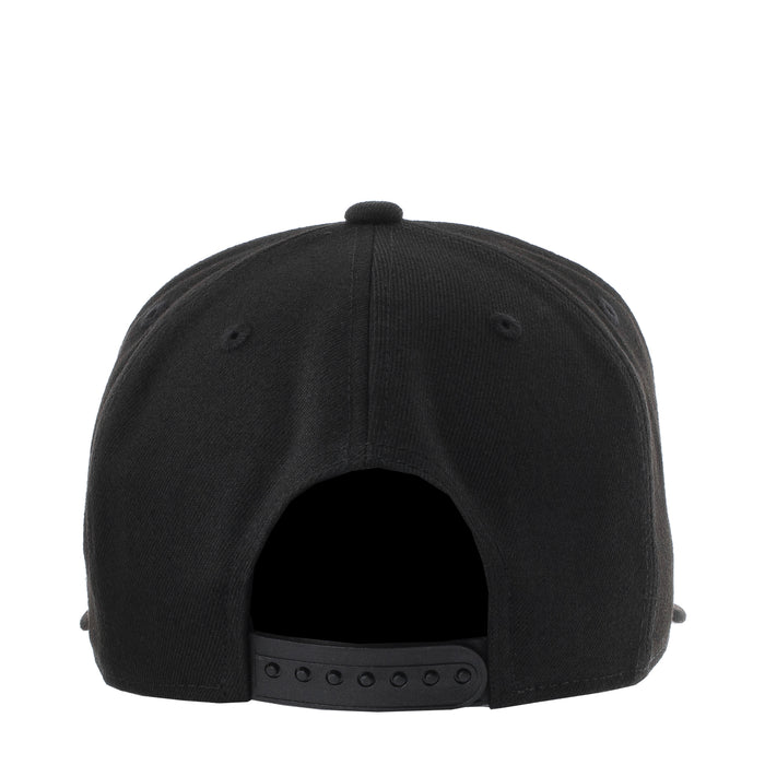 Black baseball cap with open back and adjustable snap strap