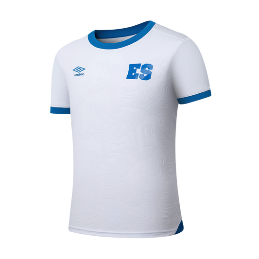 Mens white away soccer jersey with blue crew neck trim and ES crest on chest