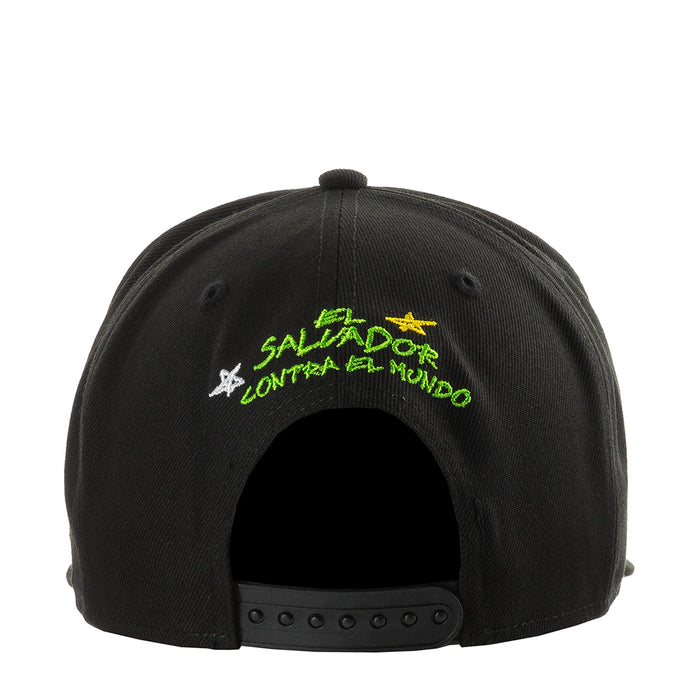 Black baseball cap with green and yellow back embroidery and star graphics