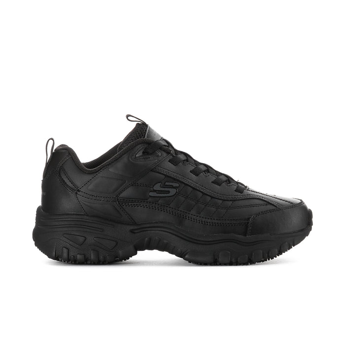 Men's black extra-wide slip-resistant sneaker with padded collar and lace-up front