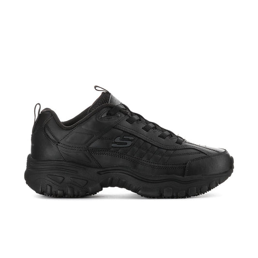 Men's black extra-wide slip-resistant sneaker with padded collar and lace-up front