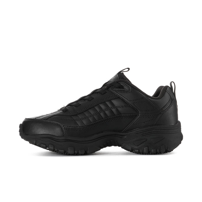 Men's black extra-wide slip-resistant sneaker with side strap detail and chunky sole