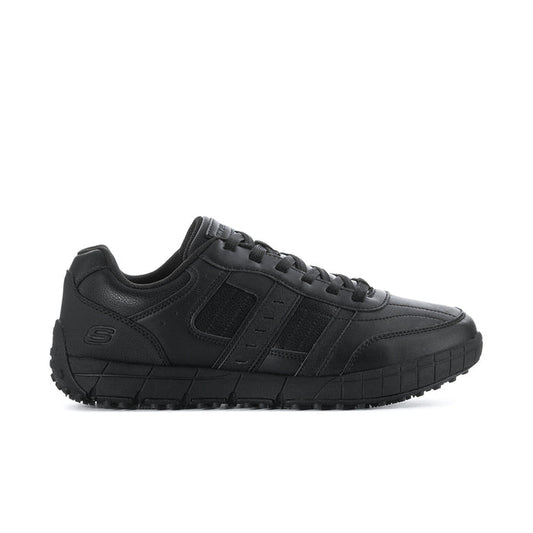Men's slip-resistant black sneakers, side view with lace-up design and treaded sole.