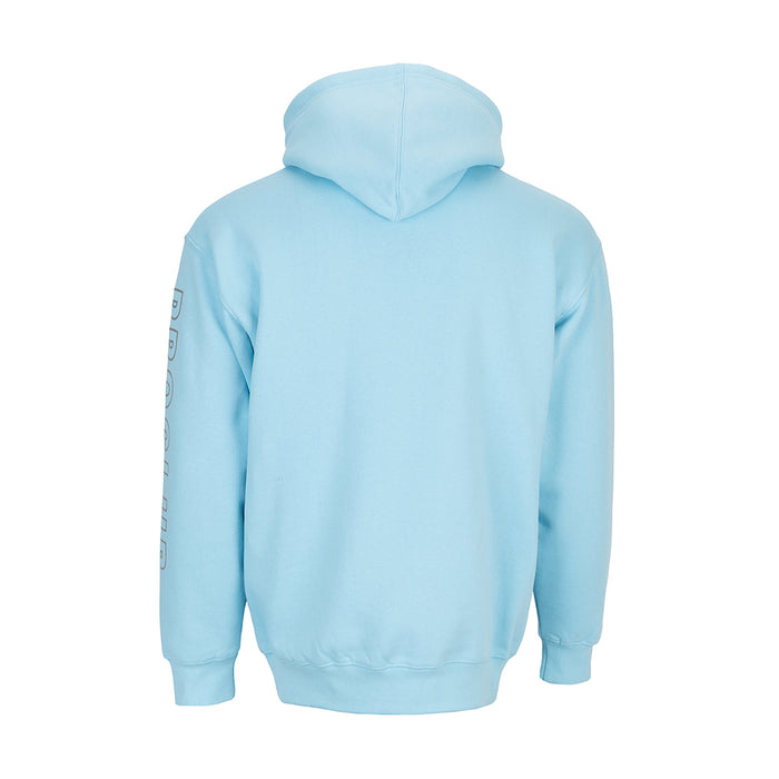 Carolina Blue hoodie back view with embroidered logo text on sleeve and ribbed hem, hood