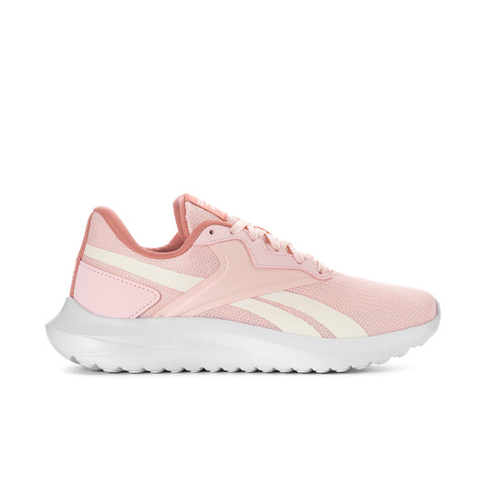 Women’s pink running sneaker with white Reebok stripes and lace-up design