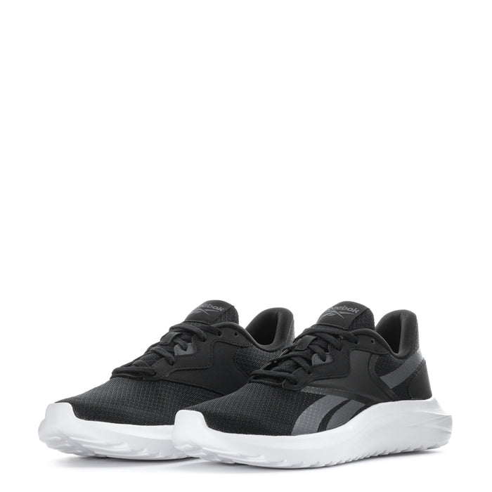 Pair of Women's Reebok running shoes, black uppers with gray detail and white sole