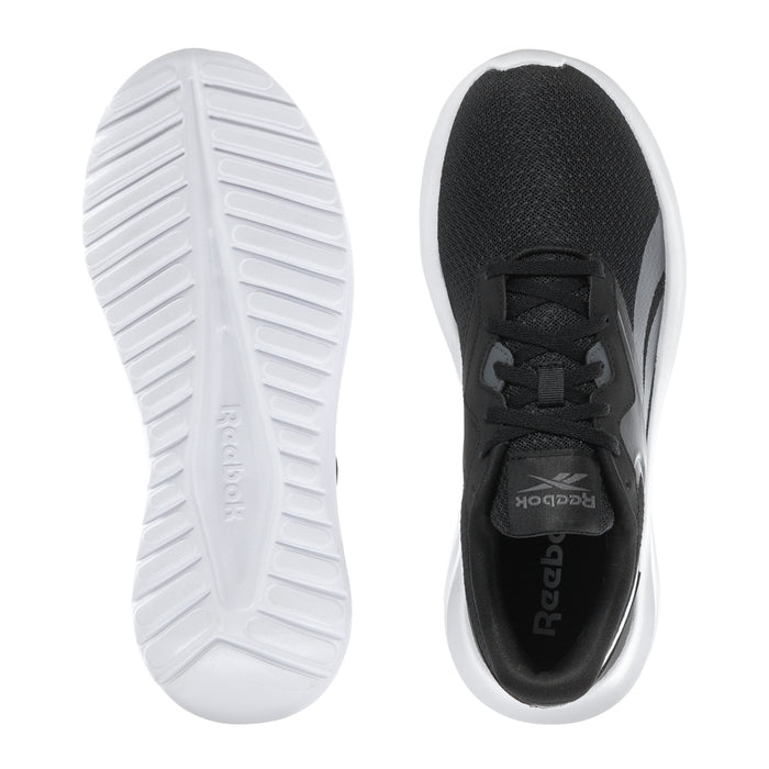 Women's Reebok running shoes, black top with white outsole and heel view