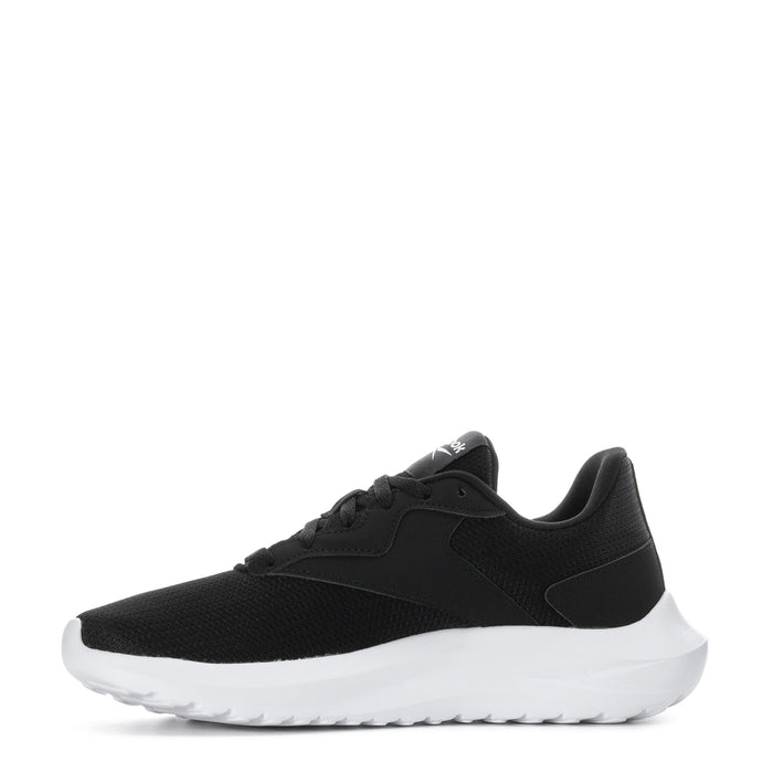 Youth black sneaker side view with white midsole and Reebok branding