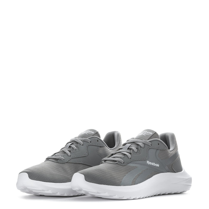 Pair of gray youth sneakers with lace-up design, white sole, and Reebok branding