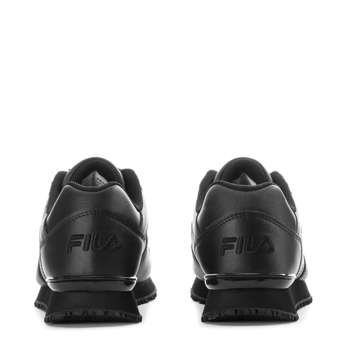 Black women's athletic sneaker with FILA logo, lace-up, cushioned heel