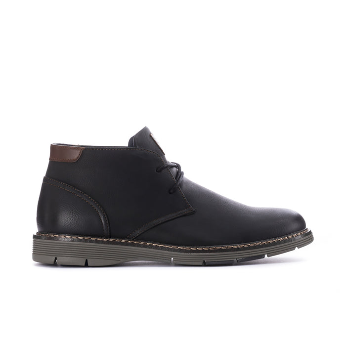 Men's black leather chukka boot with lace-up and brown pull tab