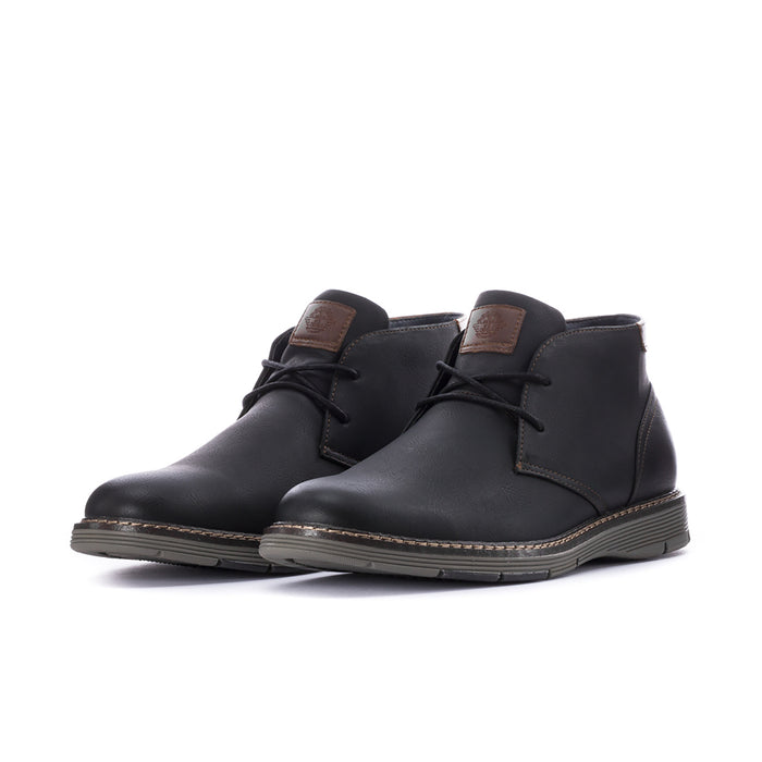 Men's black lace-up chukka boots with brown heel accents and contrast stitching