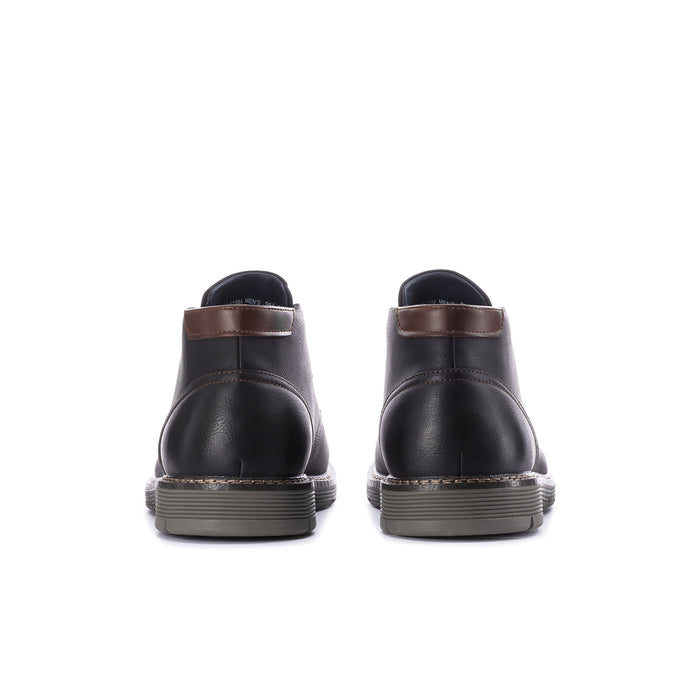 Men's black chukka boots, back view with brown heel loop and rugged sole