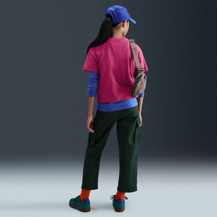 Youth boxy tee in sweet beet pink, short sleeves and crew neck (back view)