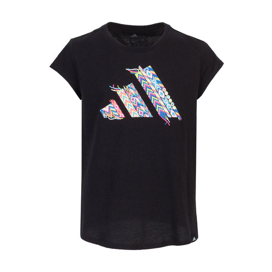 Youth black crew-neck graphic T-shirt with multicolor front print