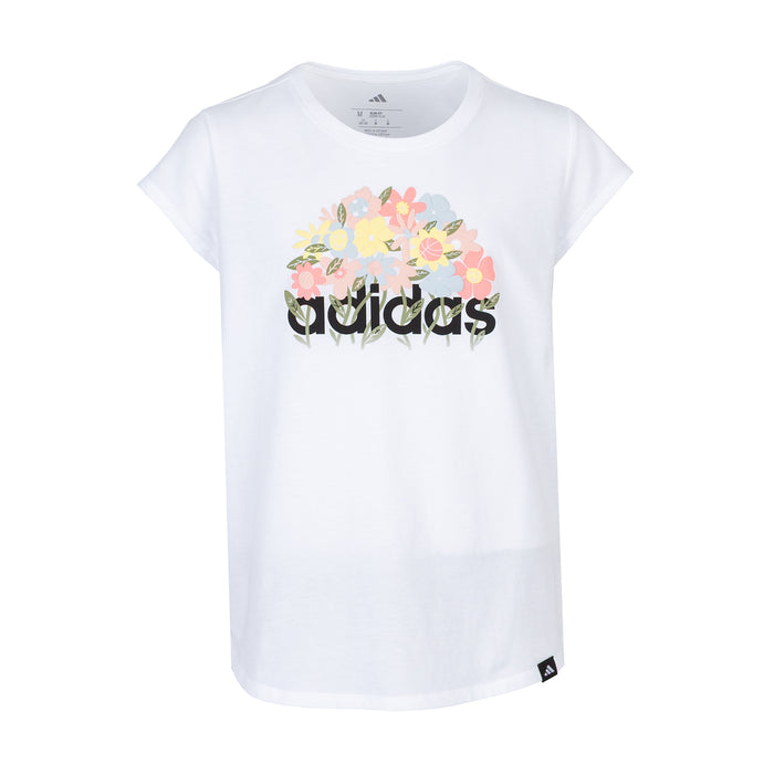 Youth white crew-neck T-shirt with Adidas floral graphic on the front.