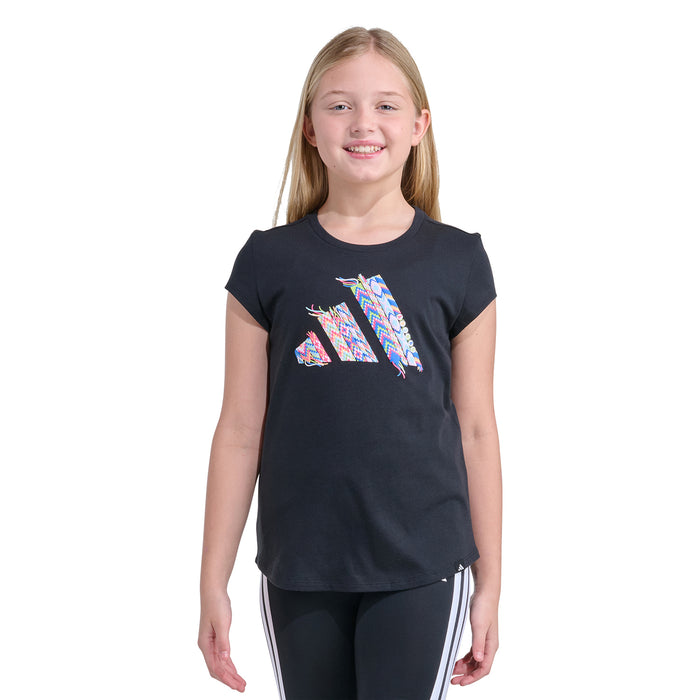 Youth black crew-neck graphic tee with multicolor front print, short sleeves