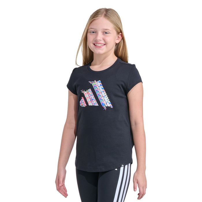 Youth black graphic T-shirt with multicolor front print and crew neck