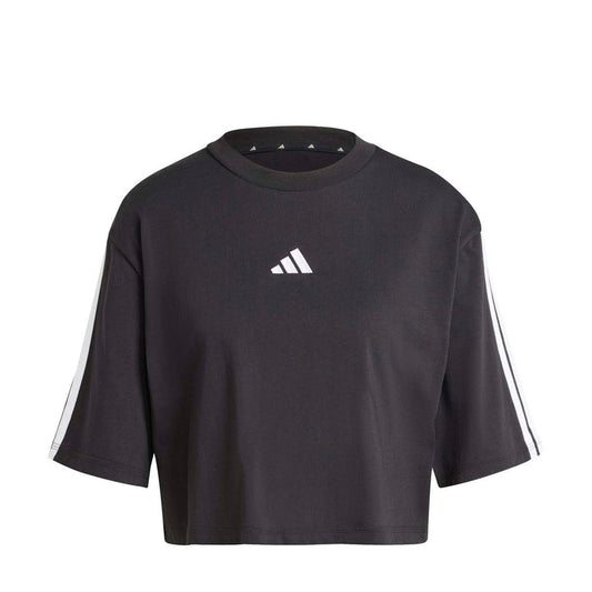 Women’s loose t-shirt in dark black with white 3-stripe sleeve detail and adidas logo.