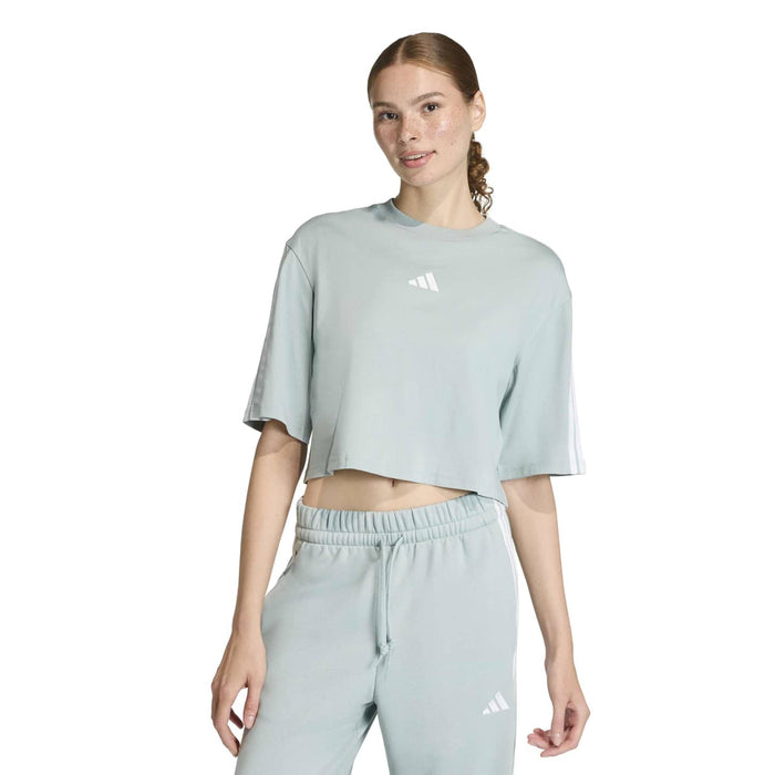 Women's loose sage t-shirt with wide fit and 3-stripes logo on front