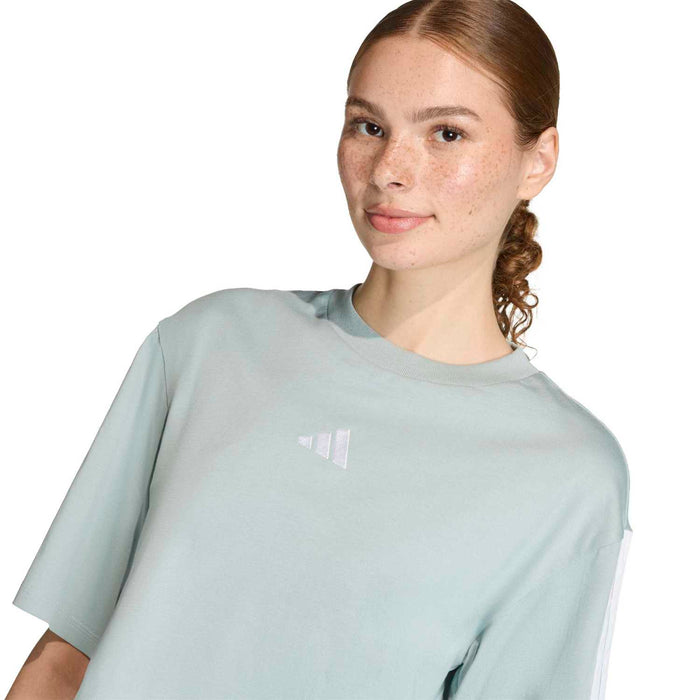 Women's loose sage t-shirt with small 3-stripes logo on chest