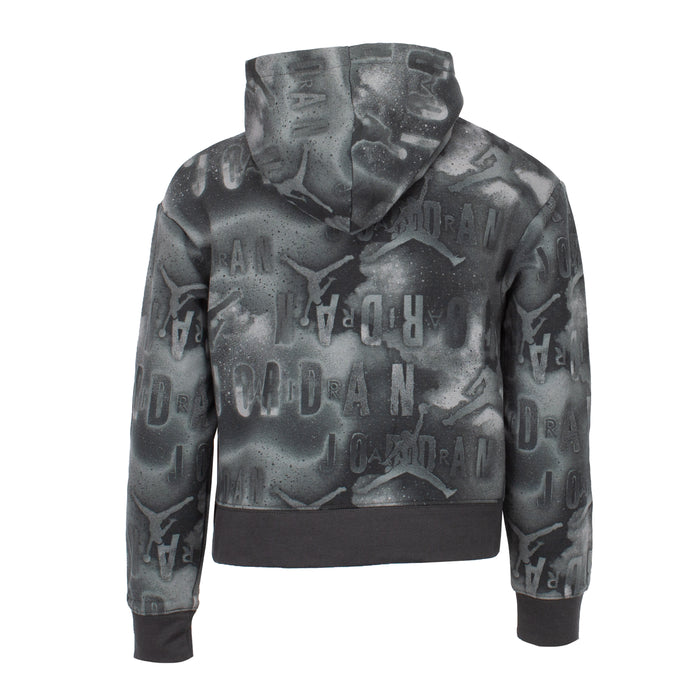 Youth boxy pullover hoodie with gray abstract print and large chest logo graphic