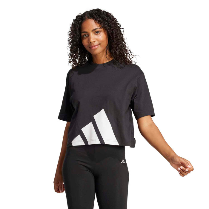 Women's black crew-neck T-shirt with large white logo graphic, short sleeves