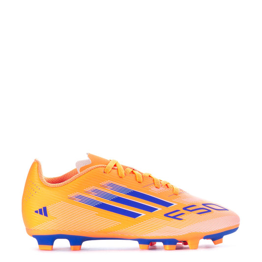 Youth FG soccer cleats, yellow-orange with blue stripes, lace-up front and grip studs.