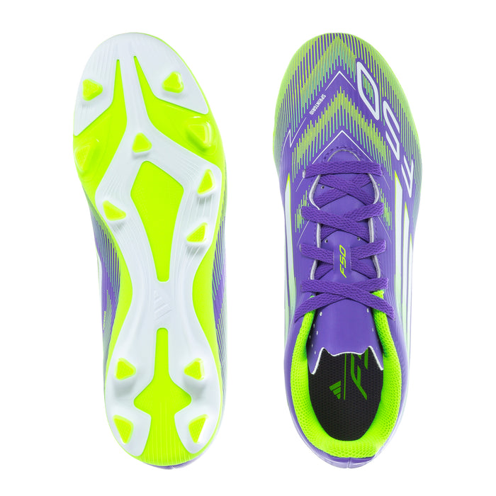 Youth soccer cleat soles: white traction studs with neon green and purple sides
