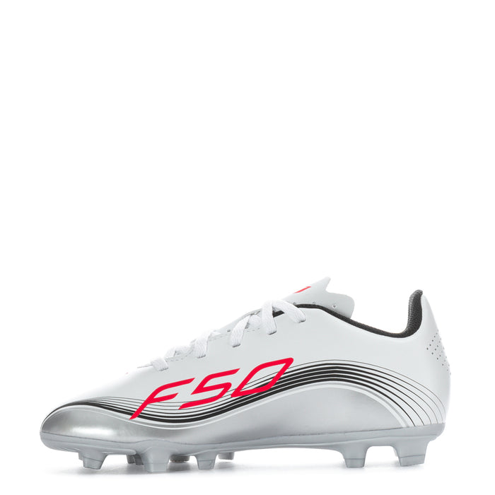 Kids soccer cleats, white upper with red F50 stripes and black collar, FG studs
