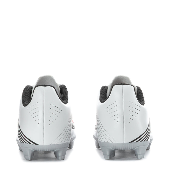 Kids soccer cleats heel view, white leather with black heel lining, FG stud sole