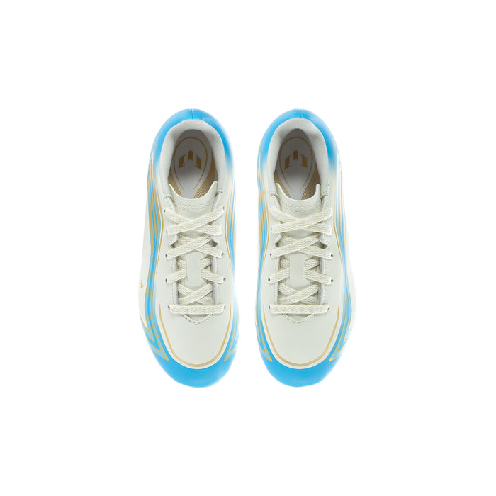 Youth soccer cleats, pair with ivory uppers and blue trim, lace-up