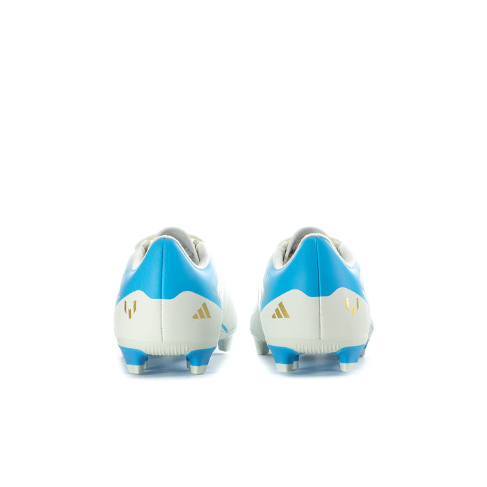 Youth soccer cleats, heel view with blue-and-ivory back panel