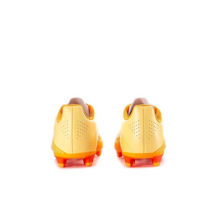 Youth soccer cleats, light yellow heels with orange back panels and molded cleat studs.