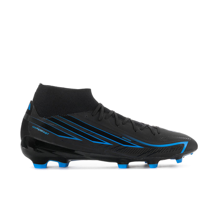 Men's mid-cut soccer cleats in black with blue-striped design and studded outsole