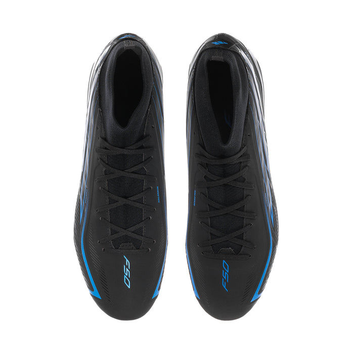 Men's black soccer cleats, front view with blue striping and lace-up design