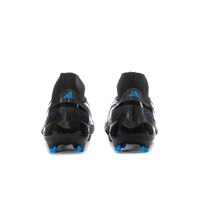 Men's black mid-cut soccer cleats, rear view with blue heel logo and stud tips