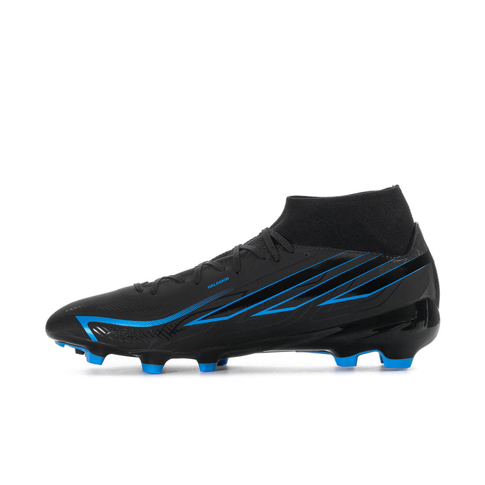 Men's black mid-cut soccer cleat with blue stripes, lace-up upper, and blue studs