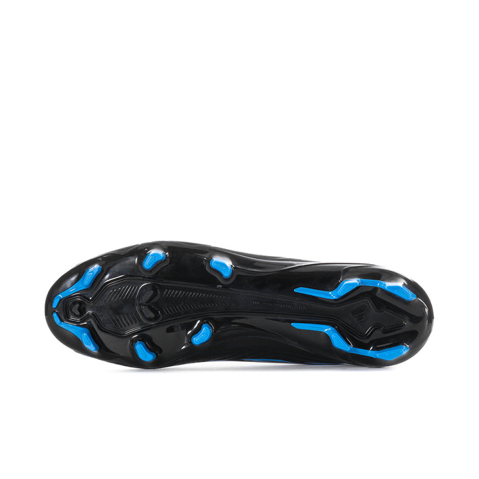 Men's black soccer cleat outsole with blue traction elements and molded stud pods