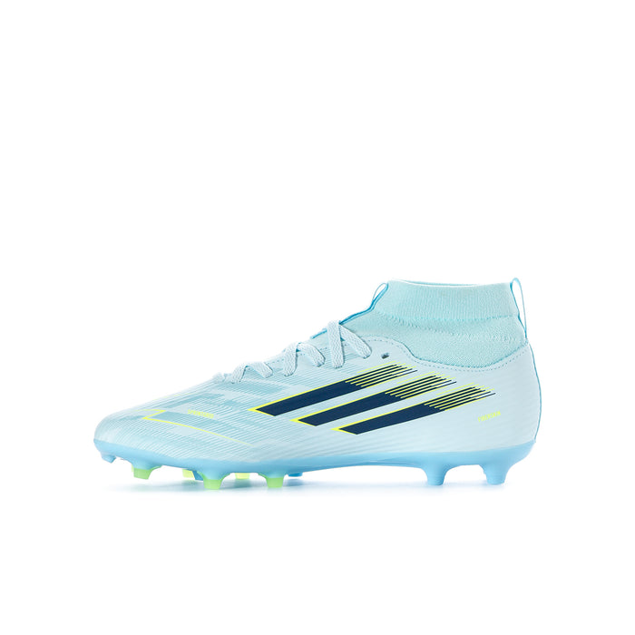 Youth soccer cleat in light blue with black and neon stripe graphics and toe studs