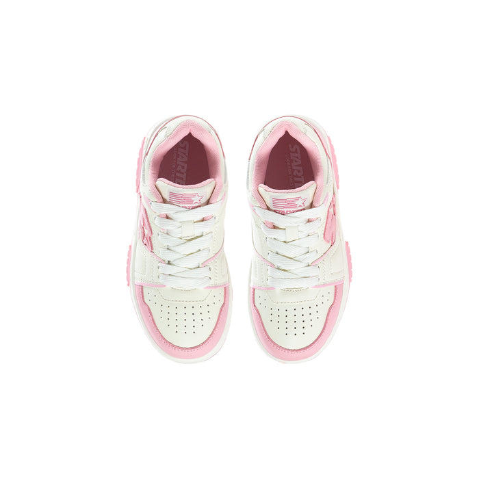 Kids low-top sneakers, front view; white uppers with pink accents and laces