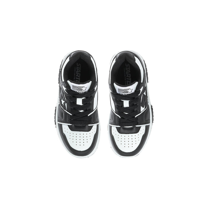 Kids' black-and-white low-top sneakers with perforated white toe panels and black lining