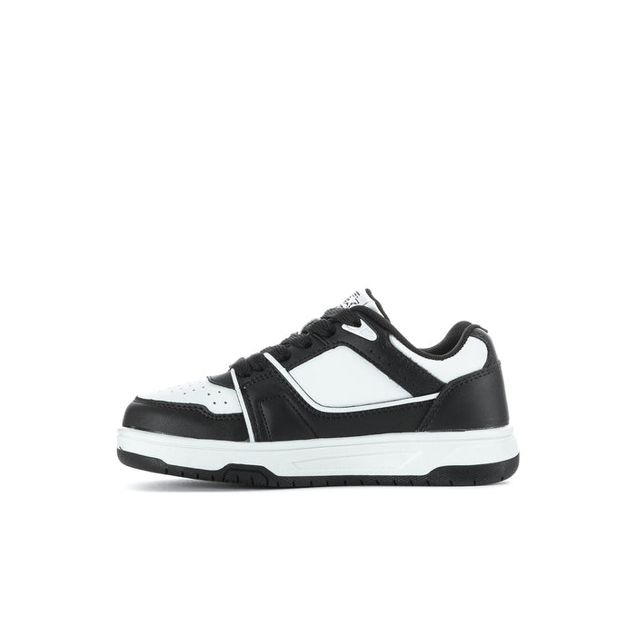Kids' black-and-white low-top sneakers side view with star emblem and lace-up design